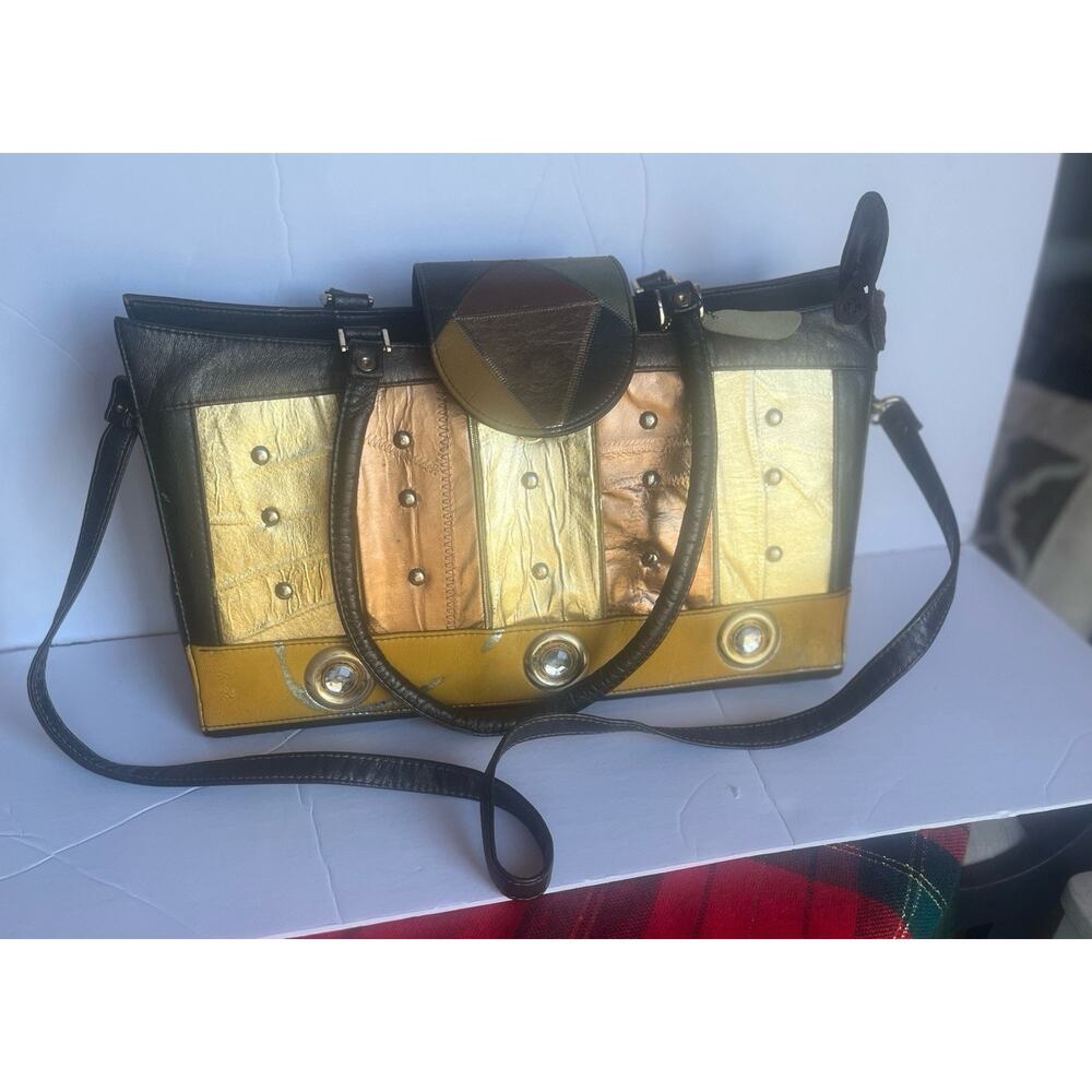 VTG 70s Michelle Shoulder Bag Multicolor Patchwork Leather Studded Frame Purse